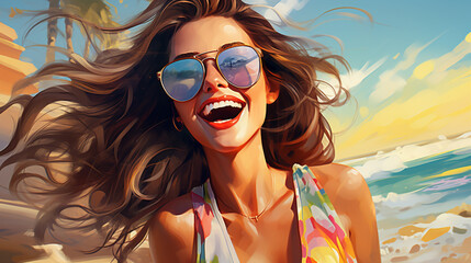 happy smiling woman in glasses with flowing hair on the beach on a sunny day, colorful illustration. Generative Ai.  - obrazy, fototapety, plakaty