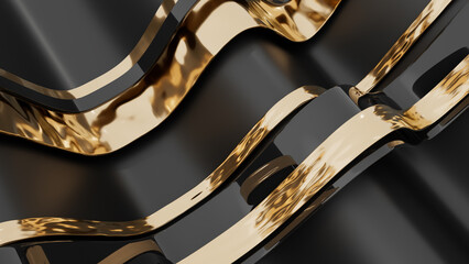 3d Abstract black and golden ribbons or lines. 3d rendering