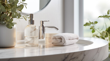 Fototapeta na wymiar Bright bathroom with towels on a marble countertop. Generative Ai. 