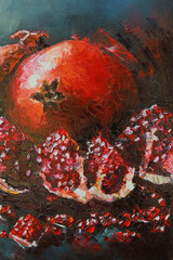 Ripe red pomegranates and their halves - handmade oil painting on canvas