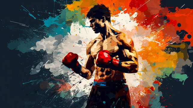 Portrait of boxer or fighter in abstract mixed grunge colors vector art style. Colorful pop art digital painting. Digital illustration generative AI.