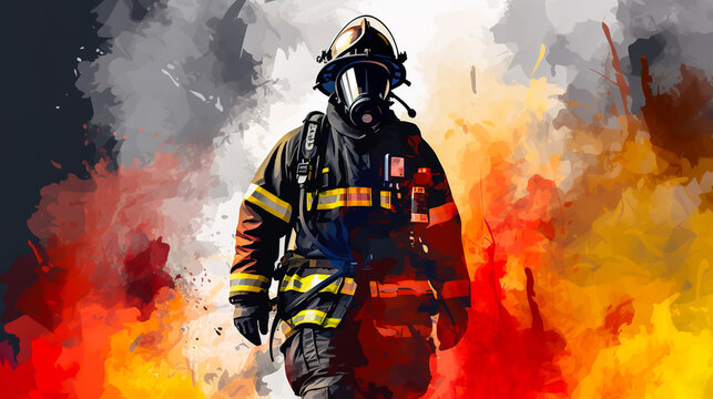 Portrait of firefighter or fireman in abstract mixed grunge colors vector art style. Colorful pop art digital painting. Digital illustration generative AI.