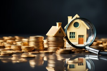 Photo of a magnifying glass on top of a stack of coins with a house created with Generative AI technology