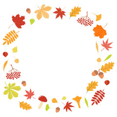 Colorful autumn leaves frame, wreath, border hand drawn illustration. Cartoon style flat design, isolated vector. Kids fall print, seasonal decorative element, plants, foliage, nature