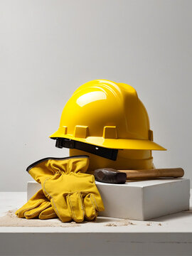 Minimalist Labor Day Scene of Bright Yellow Helmet and Work Gloves Generated by AI