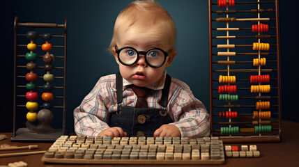 In this image, a stressed baby furrows their brow while trying to crunch numbers using a calculator and an abacus, attempting to solve a complex math problem - obrazy, fototapety, plakaty