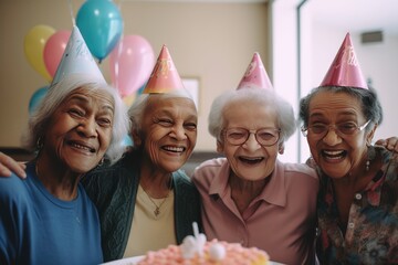 Group of seniors celebrating a birthday in a nursing home