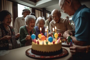 Seniors having a birthday party in a nursing home - obrazy, fototapety, plakaty