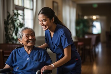 Senior man in a nursing home with his caretaker next to him smiling - obrazy, fototapety, plakaty