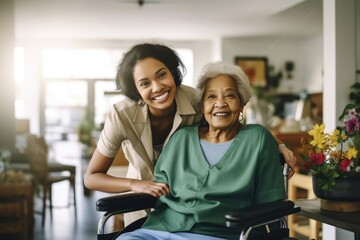 Senior woman and her female caretaker in a nursing home smiling