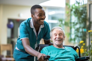 Senior man in a nursing home with his caretaker next to him smiling