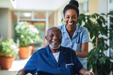 Senior man in a nursing home with his caretaker next to him smiling - obrazy, fototapety, plakaty
