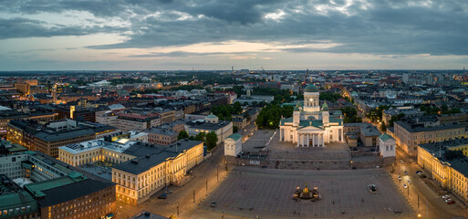 Brightly lit cathedral in European city square at dawn © Osaze