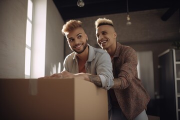 Gay male couple moving into their new home apartment