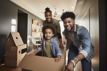 Young male couple and their adopted child moving into their new home apartment