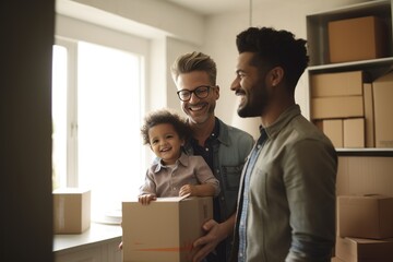 Young male couple and their adopted child moving into their new home apartment