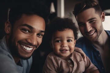 Young male couple and their adopted child at home