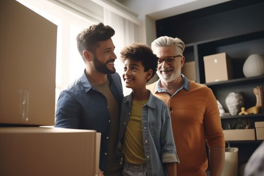 Young male couple and their adopted child moving into their new home apartment