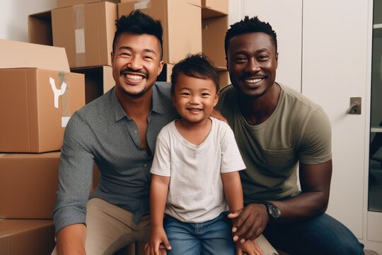 Young male couple and their adopted child moving into their new home apartment