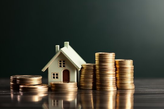 Photo of a small house on a stack of coins, symbolizing wealth and financial stability created with Generative AI technology