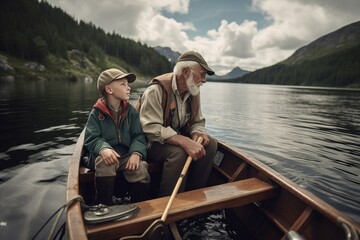 Grandfather and grandson fishing in a small fishing boat on a lake river