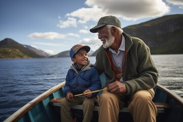Fototapeta premium Grandfather and grandson in a small boat on a lake