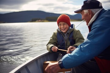 Grandfather and grandson in a small boat on a lake