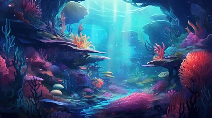 Obraz na płótnie Canvas Illustrate an underwater city built within a vibrant coral reef, home to merfolk and other aquatic beings game art