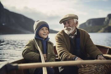 Fototapeta premium Grandfather and grandson fishing in a small fishing boat on a lake river