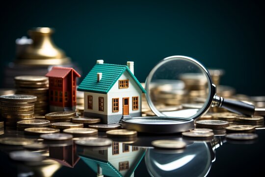 Photo of a magnifying glass on top of a stack of coins with a house created with Generative AI technology