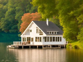 Una casa de madera con un muelle a orillas de un lago rodeada de arboles. Vista de frente y de cerca. IA Generativa  - obrazy, fototapety, plakaty