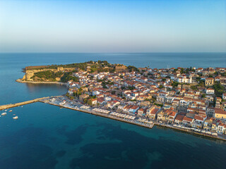 Aerial view over Koroni seaside city at sunset. Koroni, Messenia, Greece