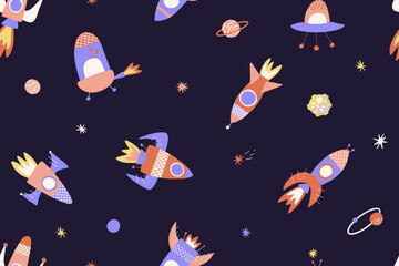 Seamless cosmic pattern with different rockets, UFO and planets in cartoon style. Childish astronomical background. Vector illustration for fabric, cover, wrapping, label.