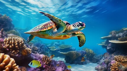 Fototapeta premium Serene Underwater World with Graceful Turtle and Colorful Marine Life