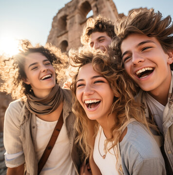 A close-up of a group of friends faces as they explore an ancient ruin, wanderlust travel stock photos, realistic stock photos