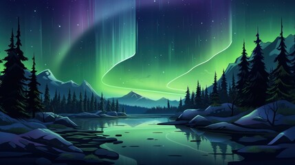 Fototapeta na wymiar Northern Lights Wilderness: Illustrate a breathtaking wilderness scene with the northern lights dancing across the sky game art