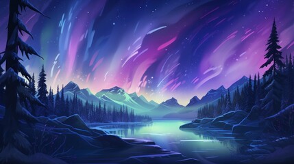 Northern Lights Wilderness: Illustrate a breathtaking wilderness scene with the northern lights dancing across the sky game art