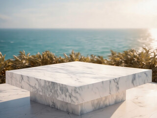 white marble podium with ocean sky background created with Generative AI technology - 631195330