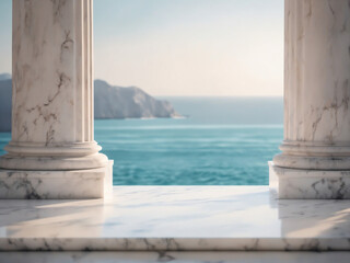 white marble podium with ocean sky background created with Generative AI technology - 631195331
