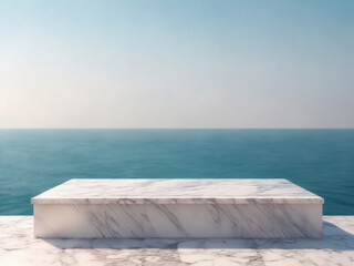 white marble podium with ocean sky background created with Generative AI technology - 631195336