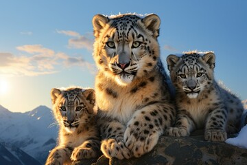 Naklejka premium A family of snow leopards on a high cliff in the Himalayas - AI Generated