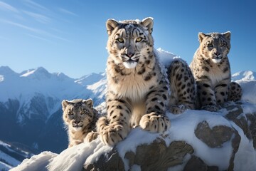 A family of snow leopards on a high cliff in the Himalayas  - AI Generated