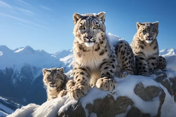 Foto auf Acrylglas Leopard A family of snow leopards on a high cliff in the Himalayas  - AI Generated