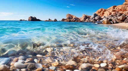  a rocky beach with clear blue water and rocks on the shore.  generative ai