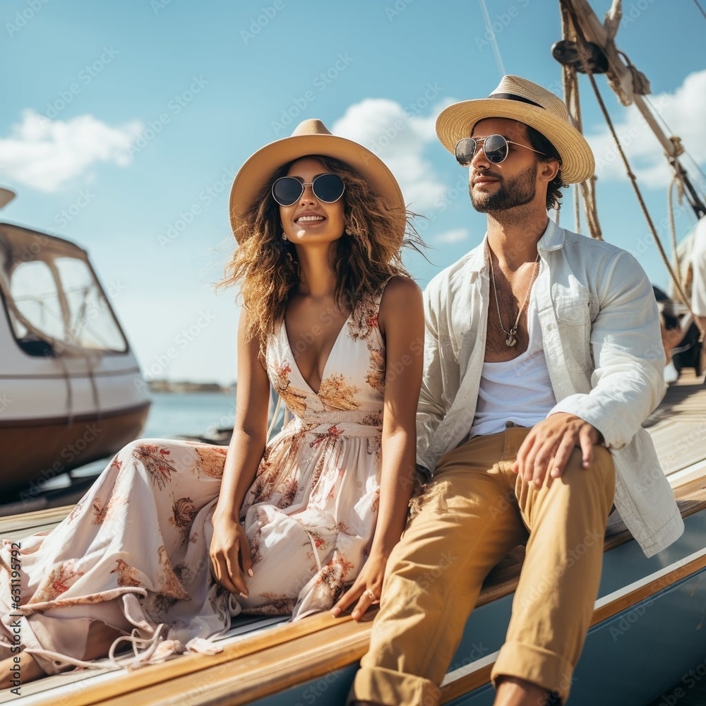 Wall mural Couple on a boat doing a photoshoot wearing sailor style clothes outside sunny day 