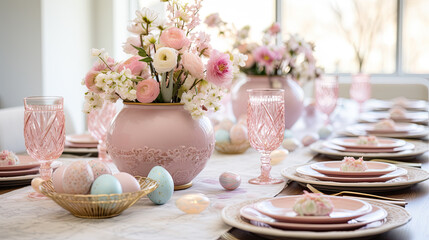 Elegant and sophisticated Easter decor. Beautifully arranged Easter brunch table with spring flowers centerpiece, adorned with Easter eggs and candles.
