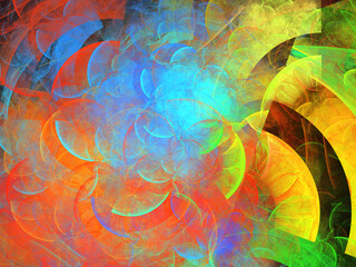 Imagen de arte psicod&eacute;lico digital compuesta de cuartos de c&iacute;rculo aglomerados y de colores difuminados en un todo que se asemeja a un incendio en una f&aacute;brica de golosinas.