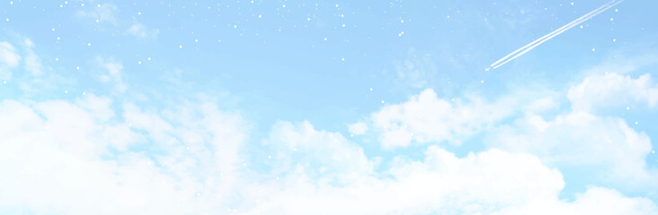 Angelic heaven clouds vector design background. Winter fairytale backdrop. Plane sky view with white stars