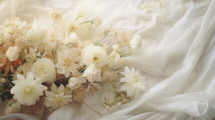  a bouquet of white flowers is laying on a white sheet.  generative ai