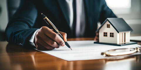 Real estate home buyers are signing a home purchase after signing a contract at the agent's desk. Home loan and insurance property concept. Buy and sell home model. - obrazy, fototapety, plakaty